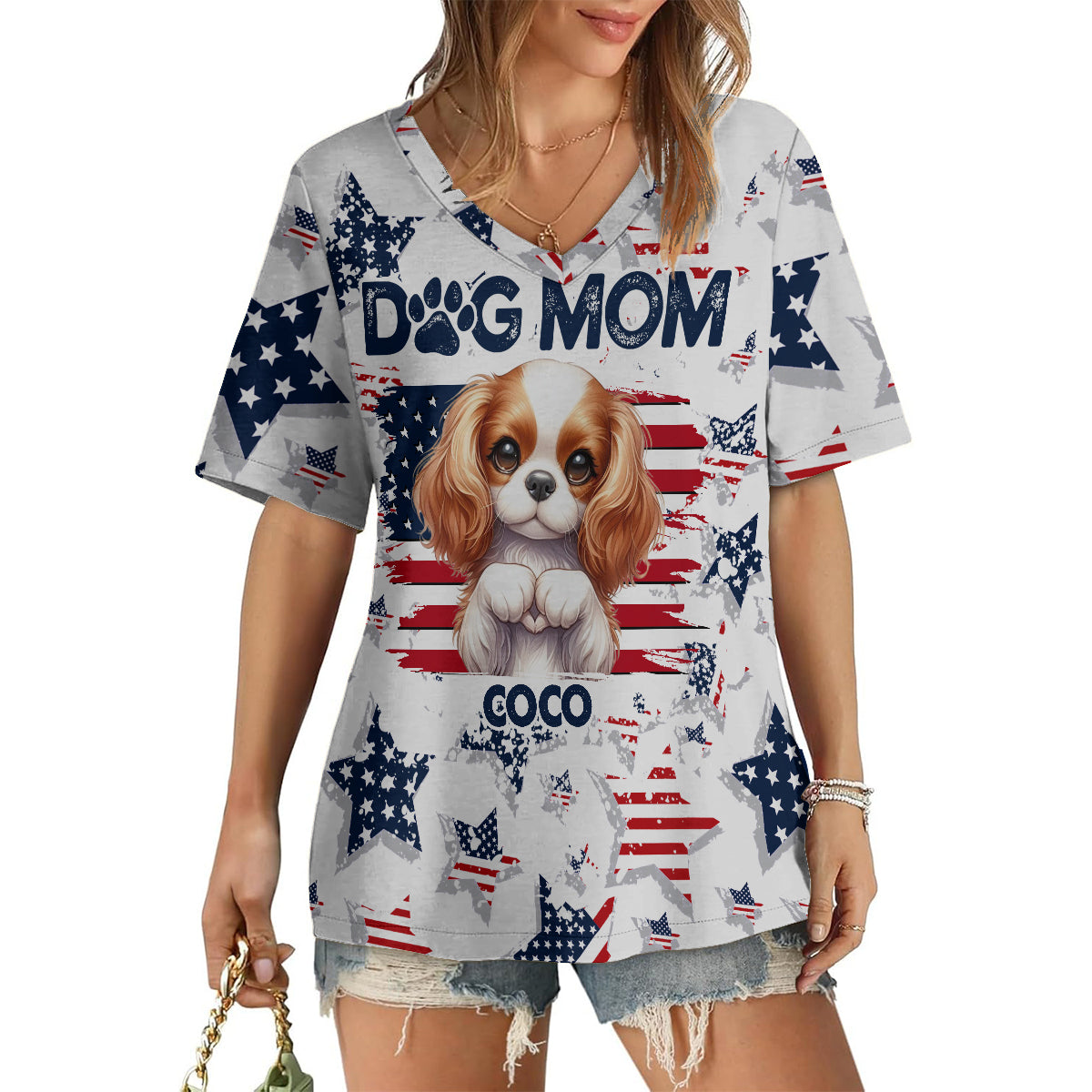 Patriot Dog Mom - Personalized Dog Fully Printed V-Neck T-Shirt
