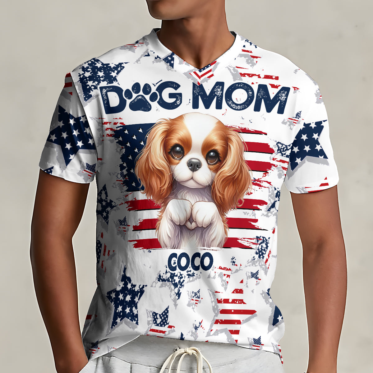 Patriot Dog Mom - Personalized Dog Fully Printed V-Neck T-Shirt
