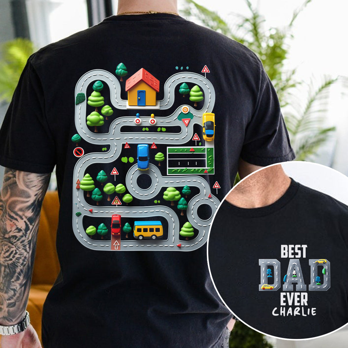 Car Road On Dad's Back - Personalized Father T-shirt And Hoodie