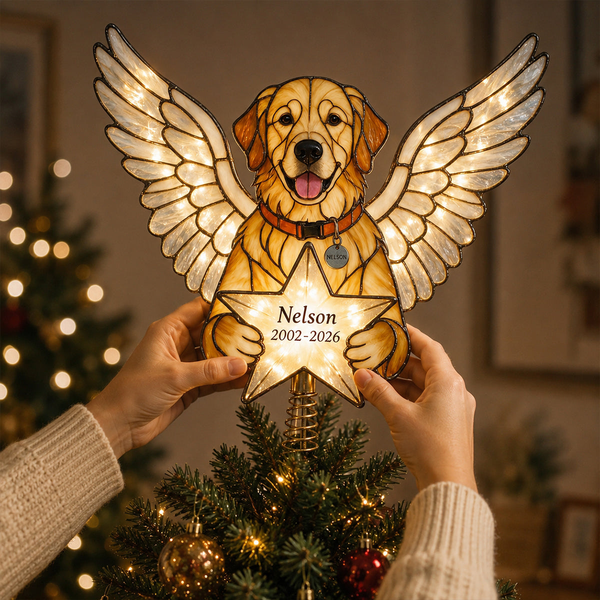 Our Christmas Angel - Personalized Dog LED Light Tree Topper