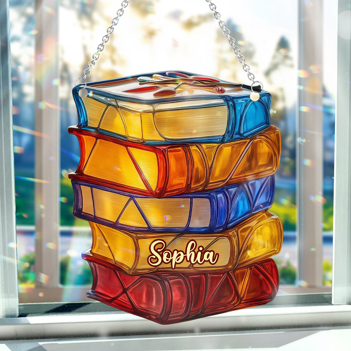 Stacked Books Stained Glass - Personalized Book Window Hanging Suncatcher Ornament