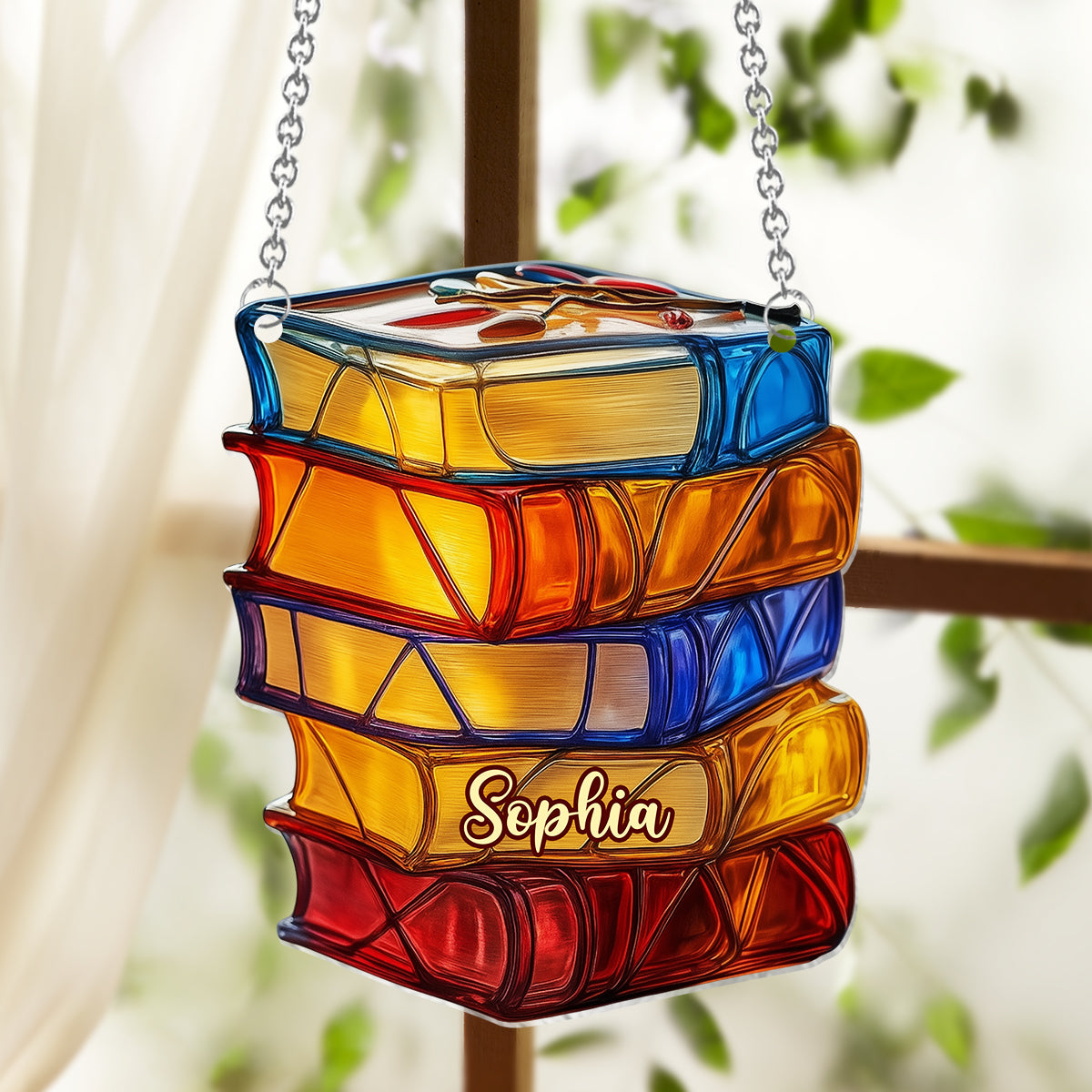 Stacked Books Stained Glass - Personalized Book Window Hanging Suncatcher Ornament