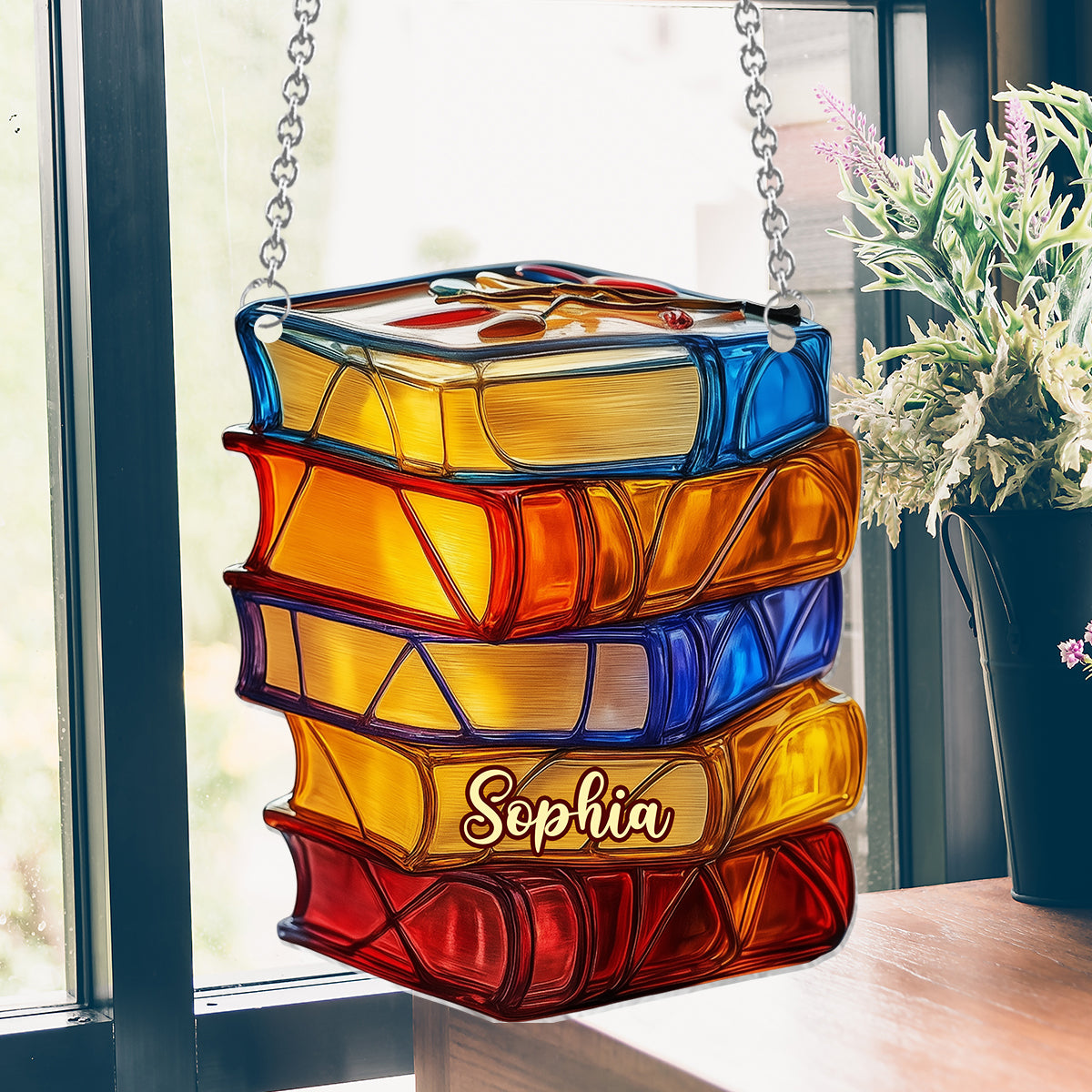 Stacked Books Stained Glass - Personalized Book Window Hanging Suncatcher Ornament