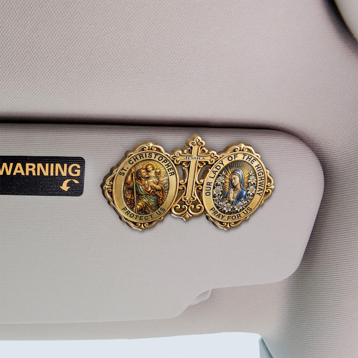 Protecting And Pray For Us - Personalized Christian Shaped Car Visor Clip