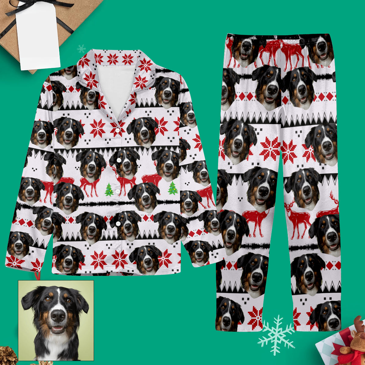 Weihnachtspyjama mit Fotomotiv – Das perfekte Familiengeschenk für Hunde- und Katzenliebhaber – Personalisierter Pyjama mit Knopfleiste