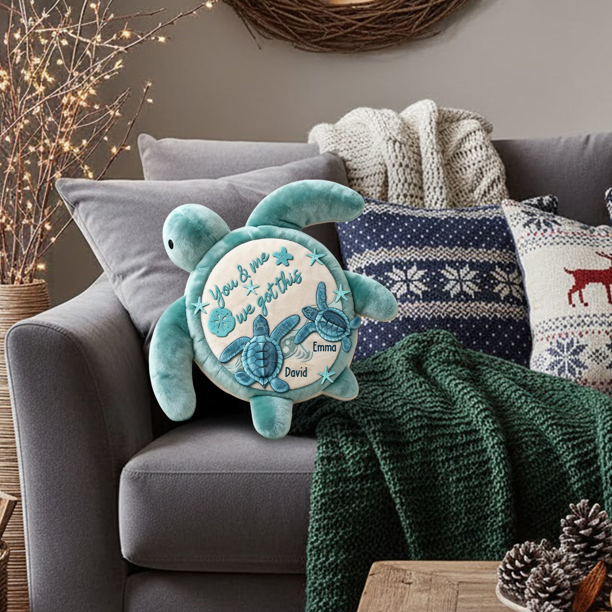 Toi et moi, on gère ! - Coussin personnalisé en fausse fourrure en forme de tortue