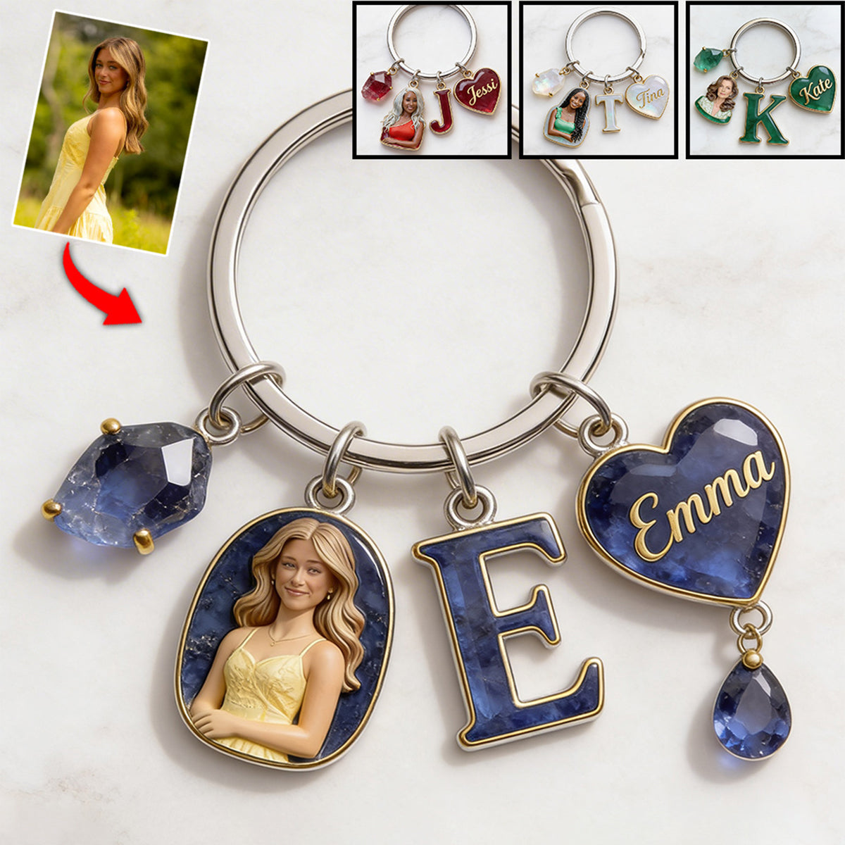 Custom Any Photo Birthstone Style - Personalized Birth Stone Keychain With Charms