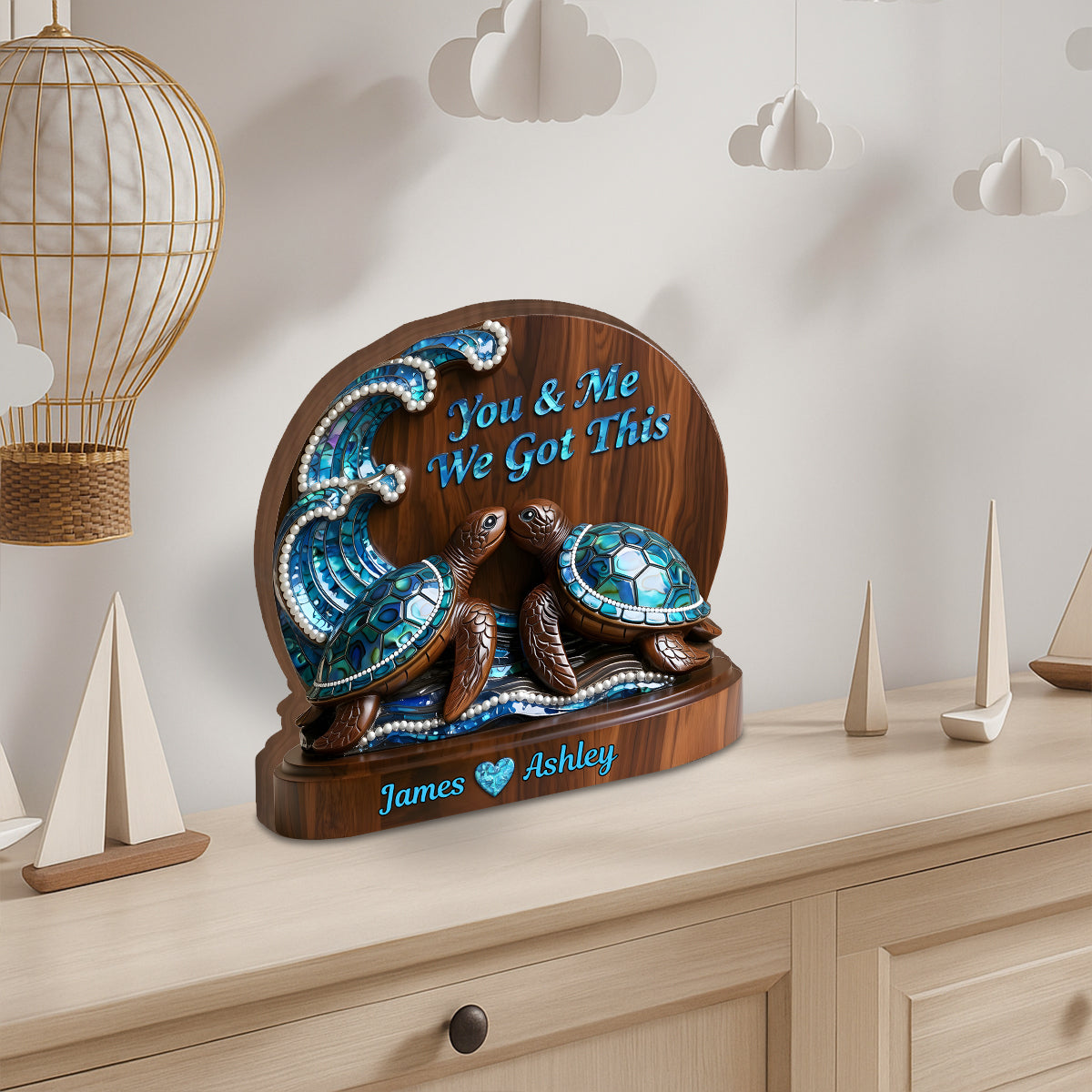 You & Me We Got This, Mother Of Pearl Styled Turtle Couple - Personalized Couple Custom Shaped Wood Plaque