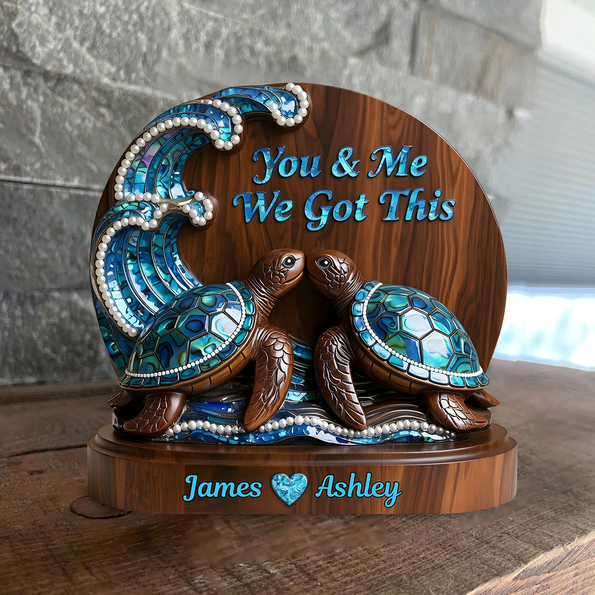 You & Me We Got This, Mother Of Pearl Styled Turtle Couple - Personalized Couple Custom Shaped Wood Plaque