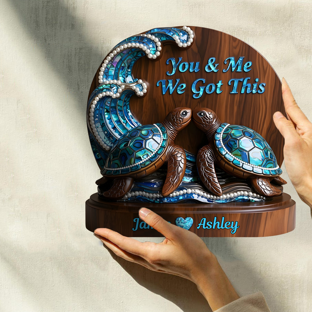 You & Me We Got This, Mother Of Pearl Styled Turtle Couple - Personalized Couple Custom Shaped Wood Plaque