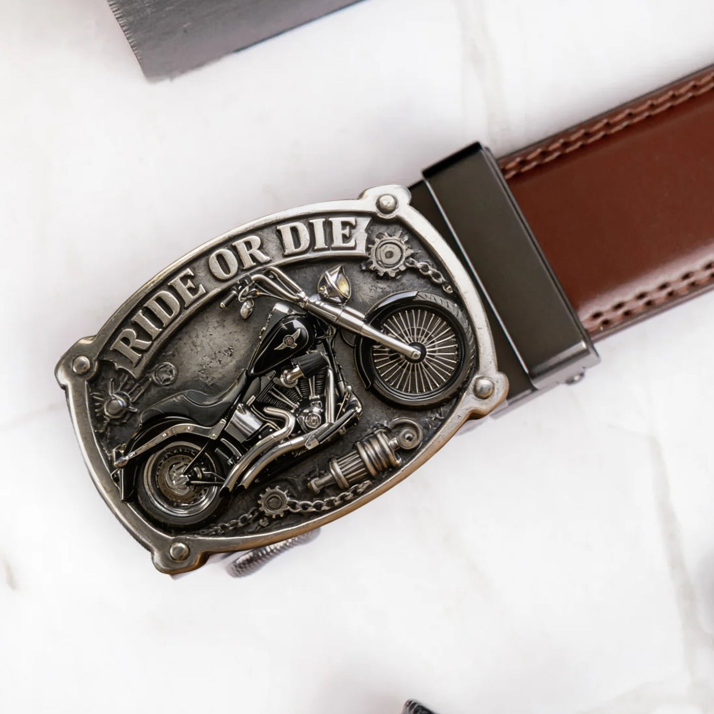 Custom From Any Photo - Personalized Biker Leather Belt With Shaped Buckle