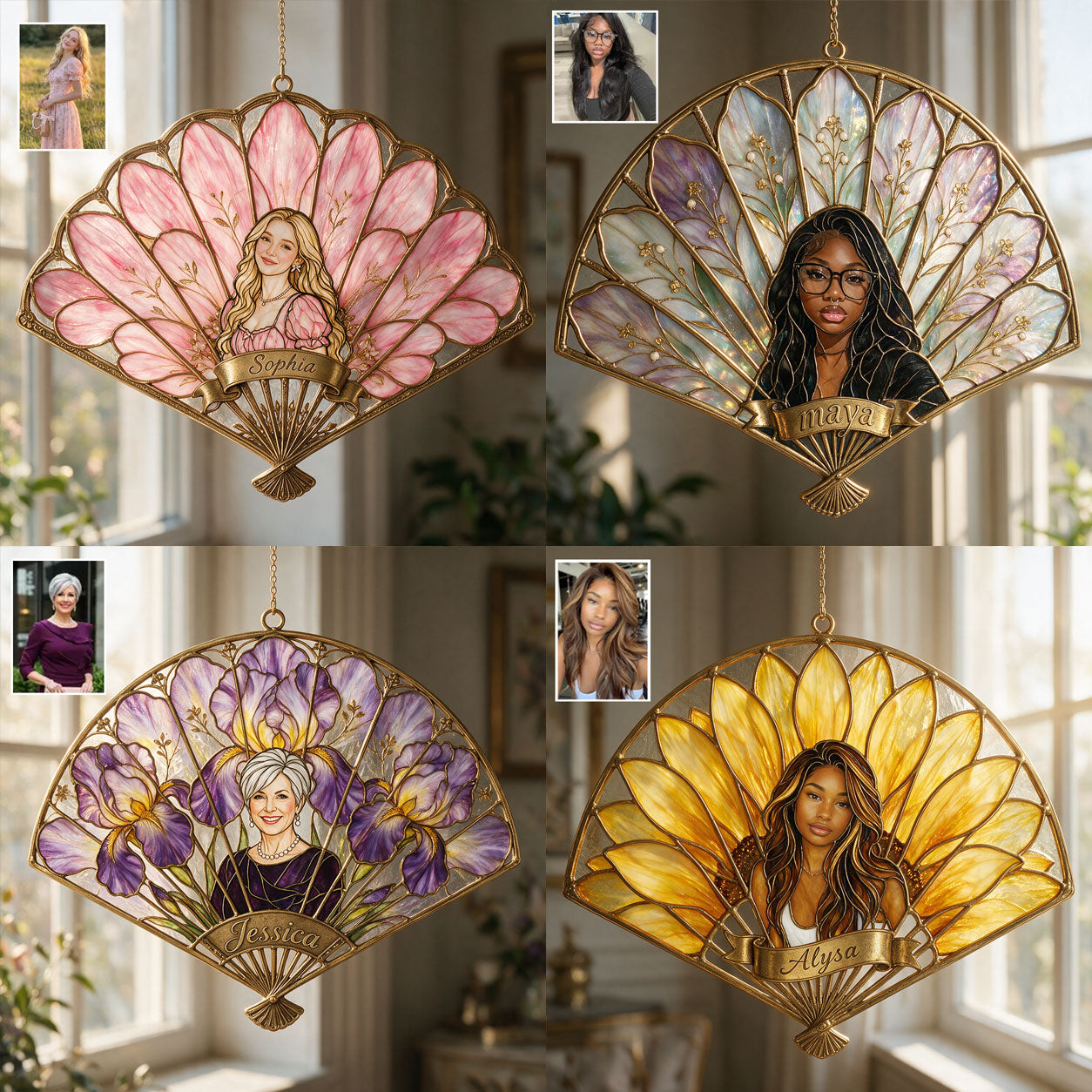 Elegant Floral Fan Glass Ornament - Personalized Self Love 3D Printed Glass Suncatcher