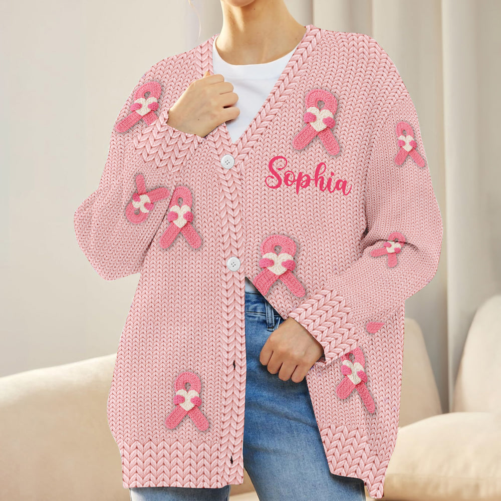 Breast Cancer Awareness Ribbon - Personalized Breast Cancer Awareness Cardigan Sweater