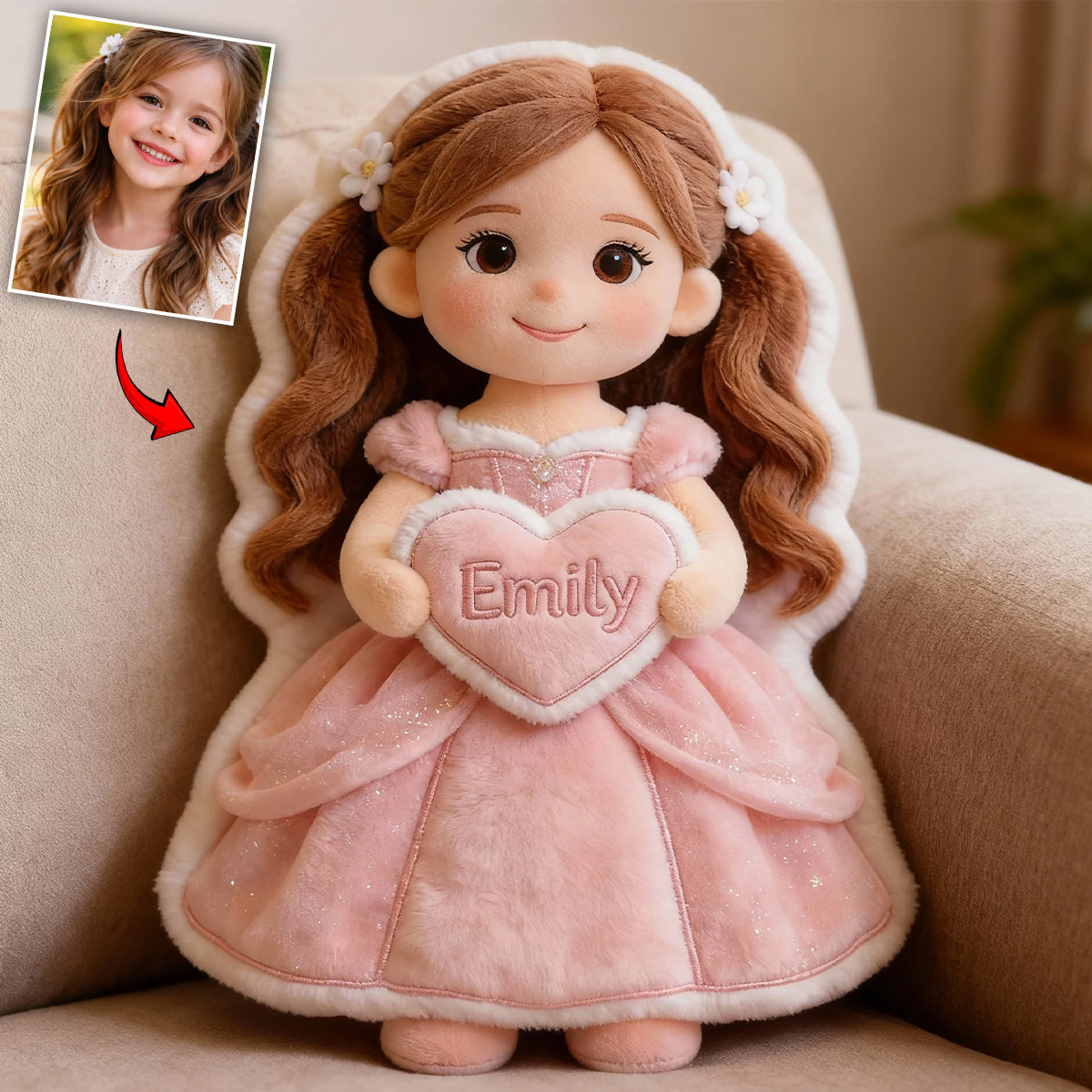 Coussin personnalisé en fausse fourrure pour enfant avec une photo de princesse
