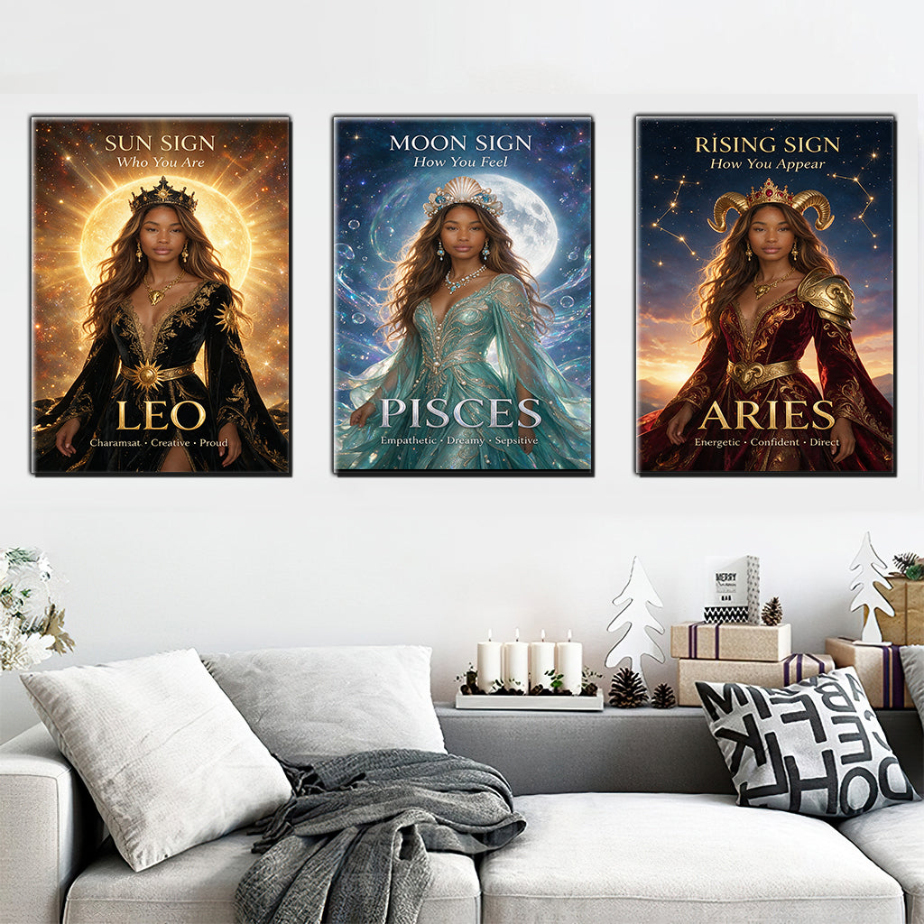 Personalisierte Sonne, Mond & Aszendent Zeichen - Horoskop Poster & Leinwand Set