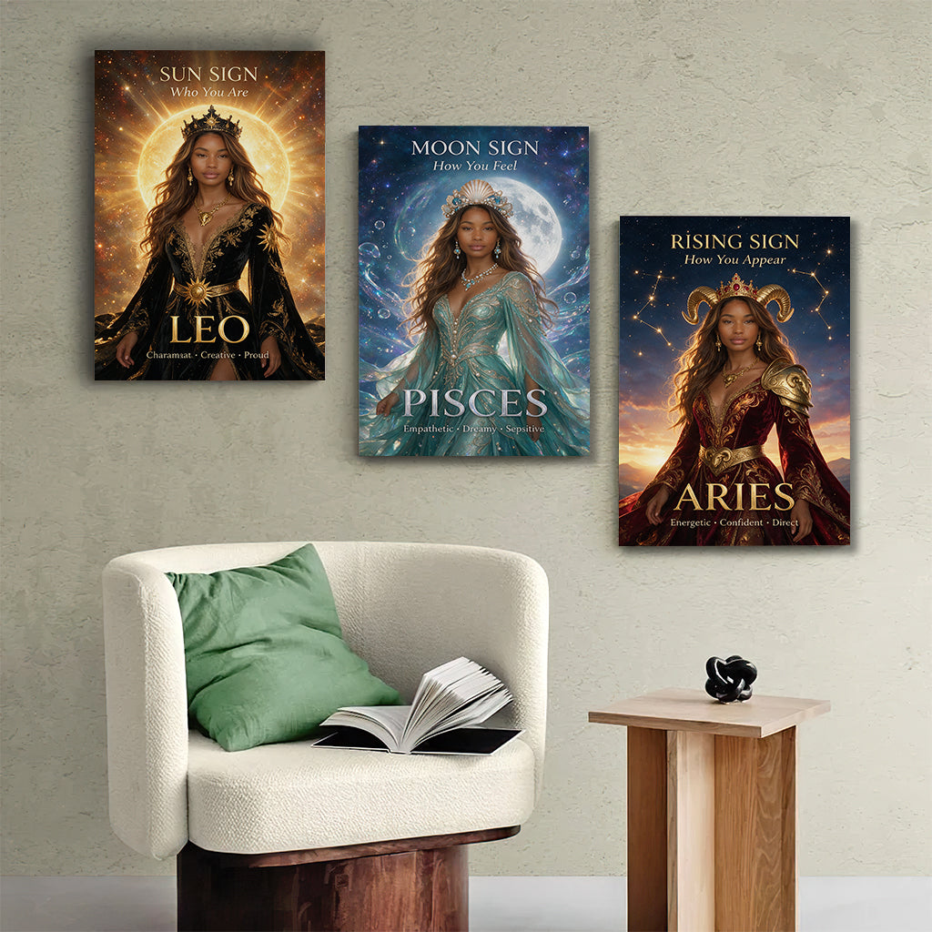 Personalisierte Sonne, Mond & Aszendent Zeichen - Horoskop Poster & Leinwand Set