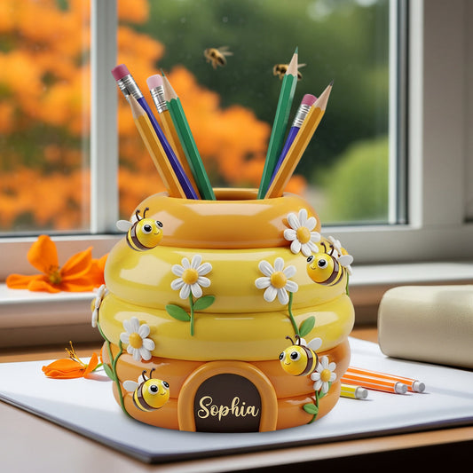 Adorable ruche - Porte-stylo en bois personnalisé en forme d'abeille