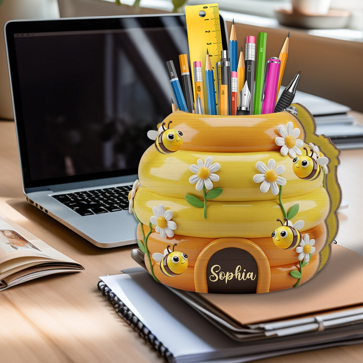Adorable Beehive - Personalized Bee Wooden Pen Holder