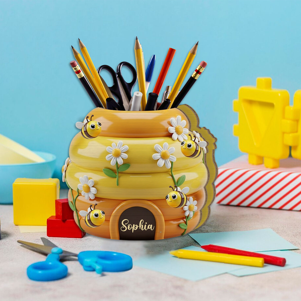 Adorable Beehive - Personalized Bee Wooden Pen Holder