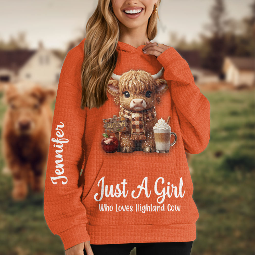 Autumn Highland Cow - Personalized Highland Cow Waffle Hoodie