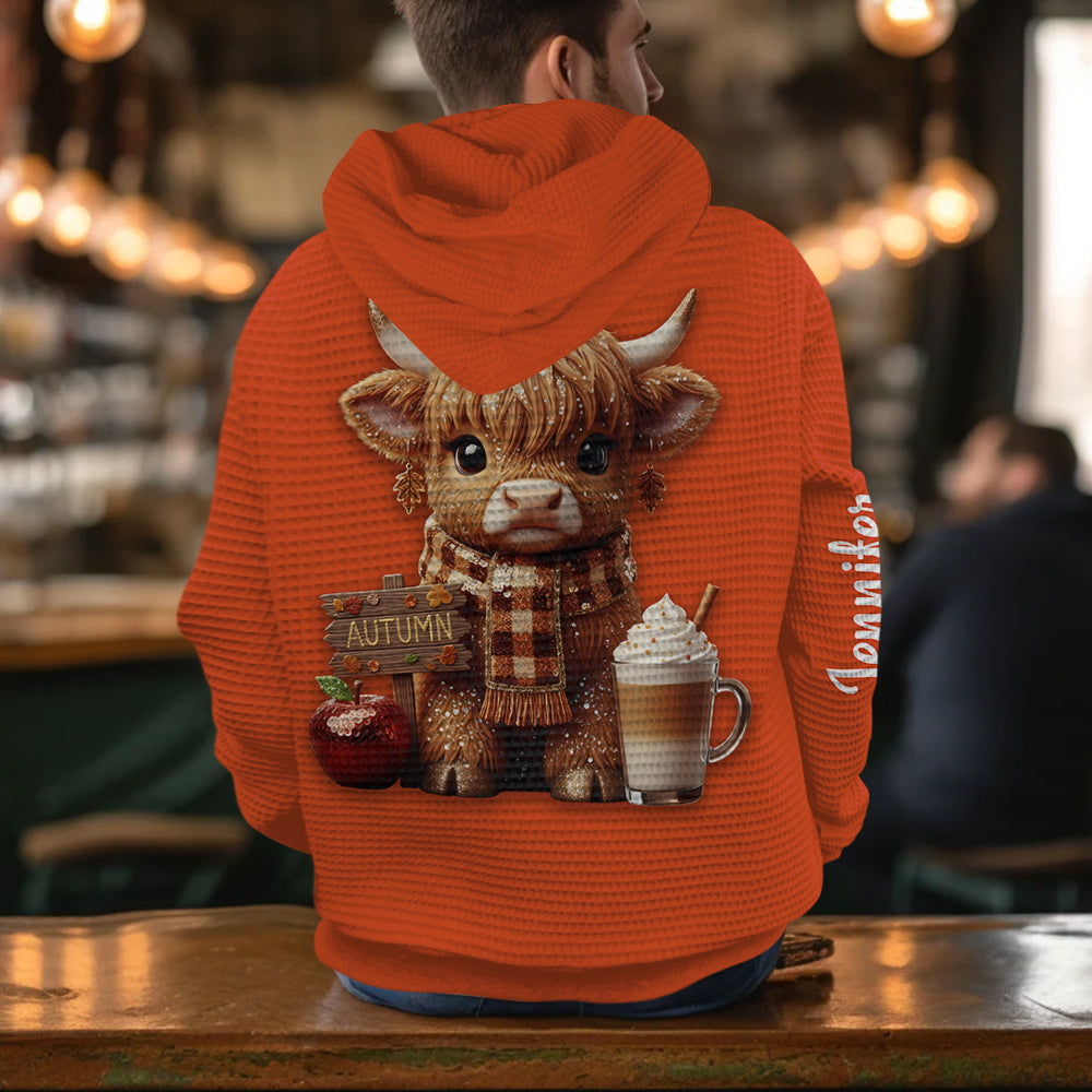 Autumn Highland Cow - Personalized Highland Cow Waffle Hoodie