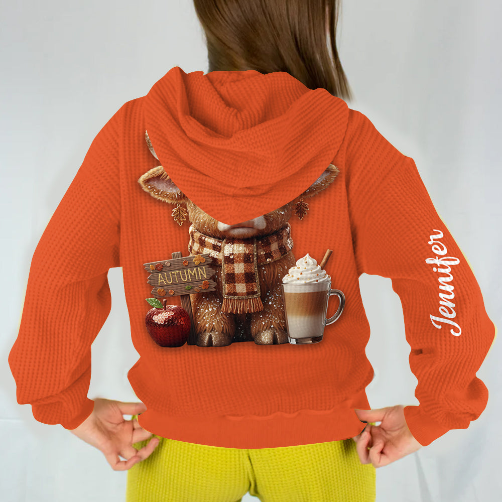 Autumn Highland Cow - Personalized Highland Cow Waffle Hoodie
