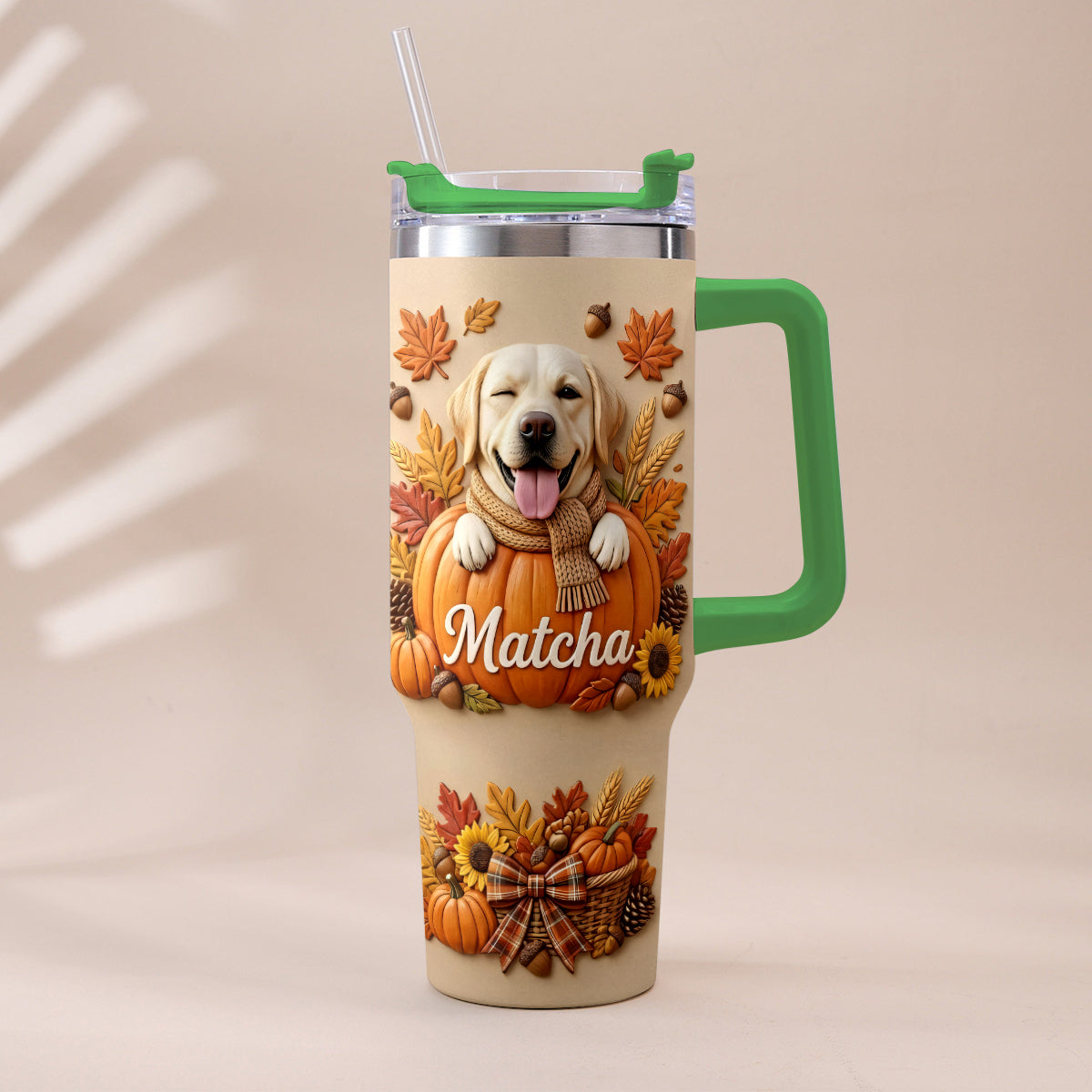 Autumn Snuggles Pumpkin Paws - Personalized Dog Tumbler With Plush Charm