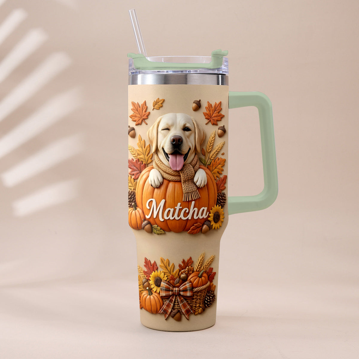 Autumn Snuggles Pumpkin Paws - Personalized Dog Tumbler With Plush Charm