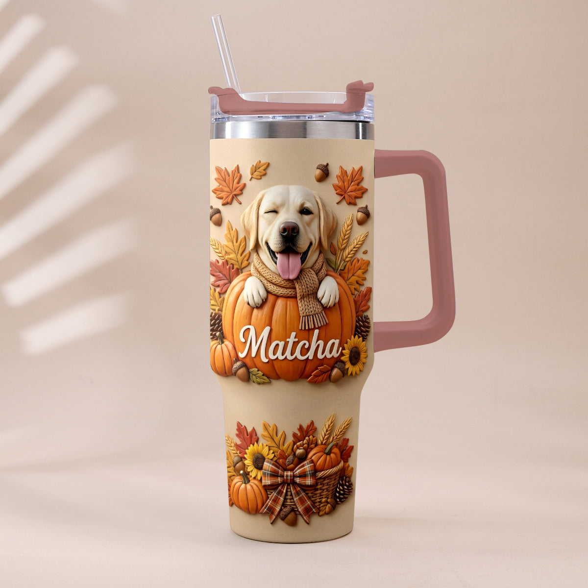 Autumn Snuggles Pumpkin Paws - Personalized Dog Tumbler With Plush Charm