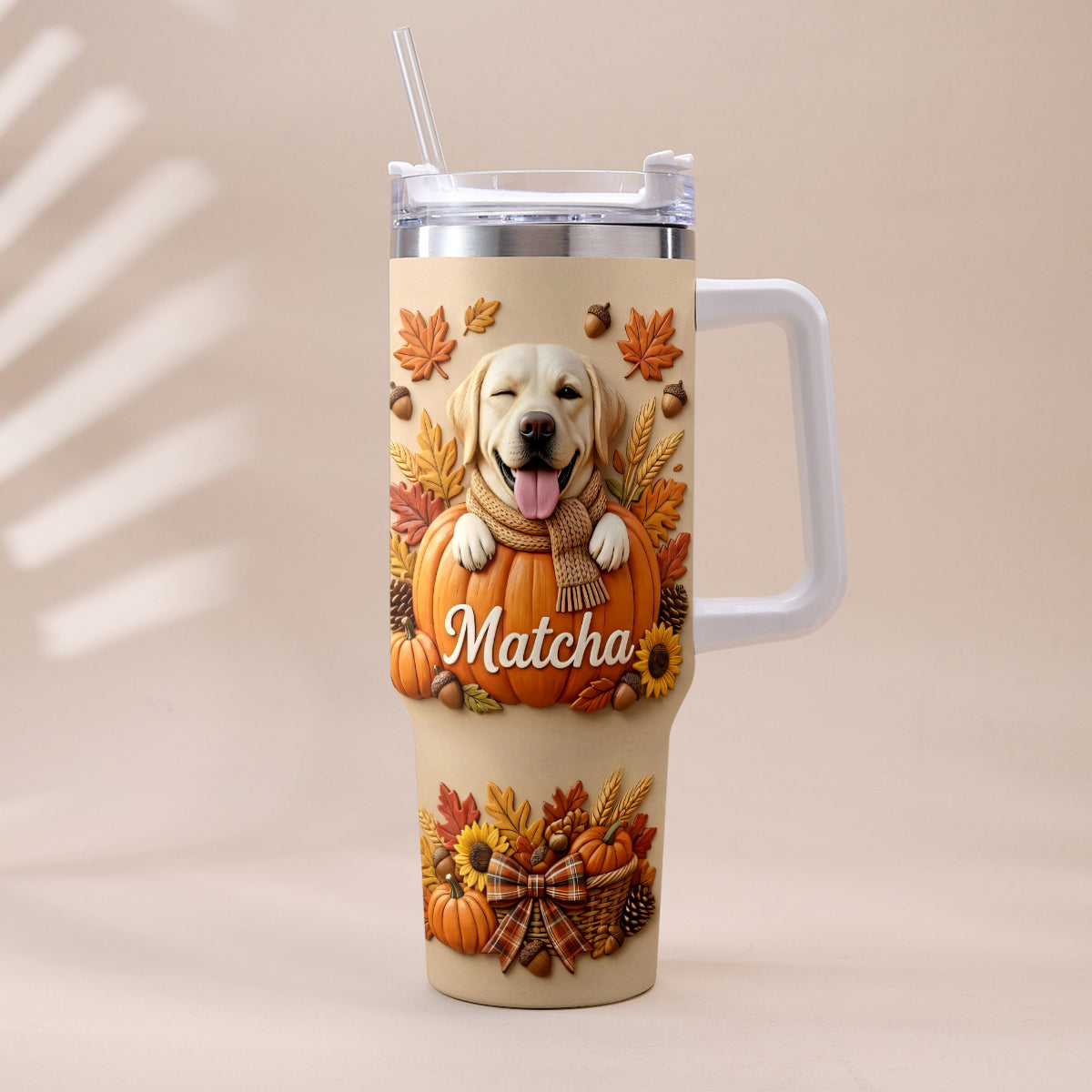 Autumn Snuggles Pumpkin Paws - Personalized Dog Tumbler With Plush Charm