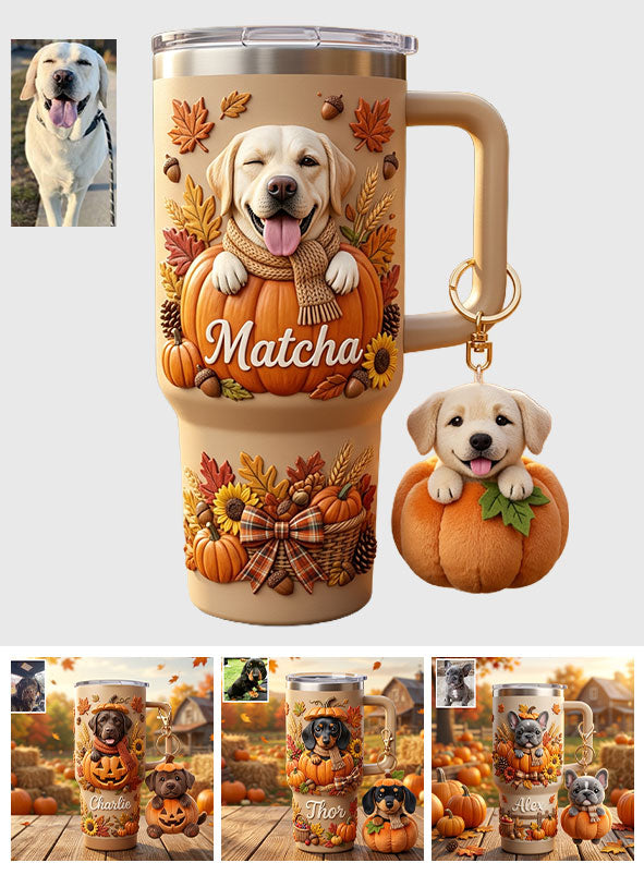 Autumn Snuggles Pumpkin Paws - Personalized Dog Tumbler With Plush Charm