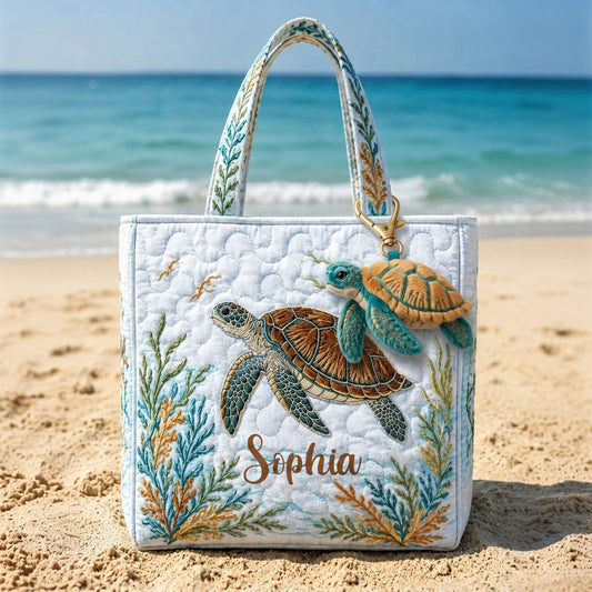 Sea Turtle Set Bag With Charm - Personalized Turtle Quilted Tote Bag With Plush Charm