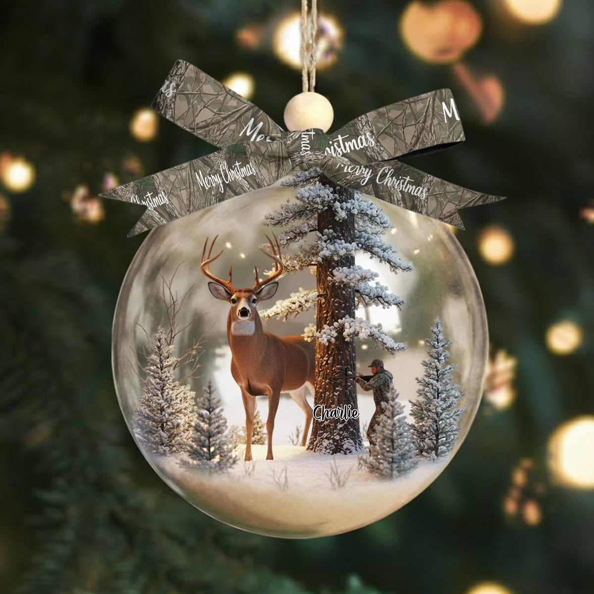 Weihnachtsgeschenk für Jäger – Personalisierte Schneekugel mit Bogen