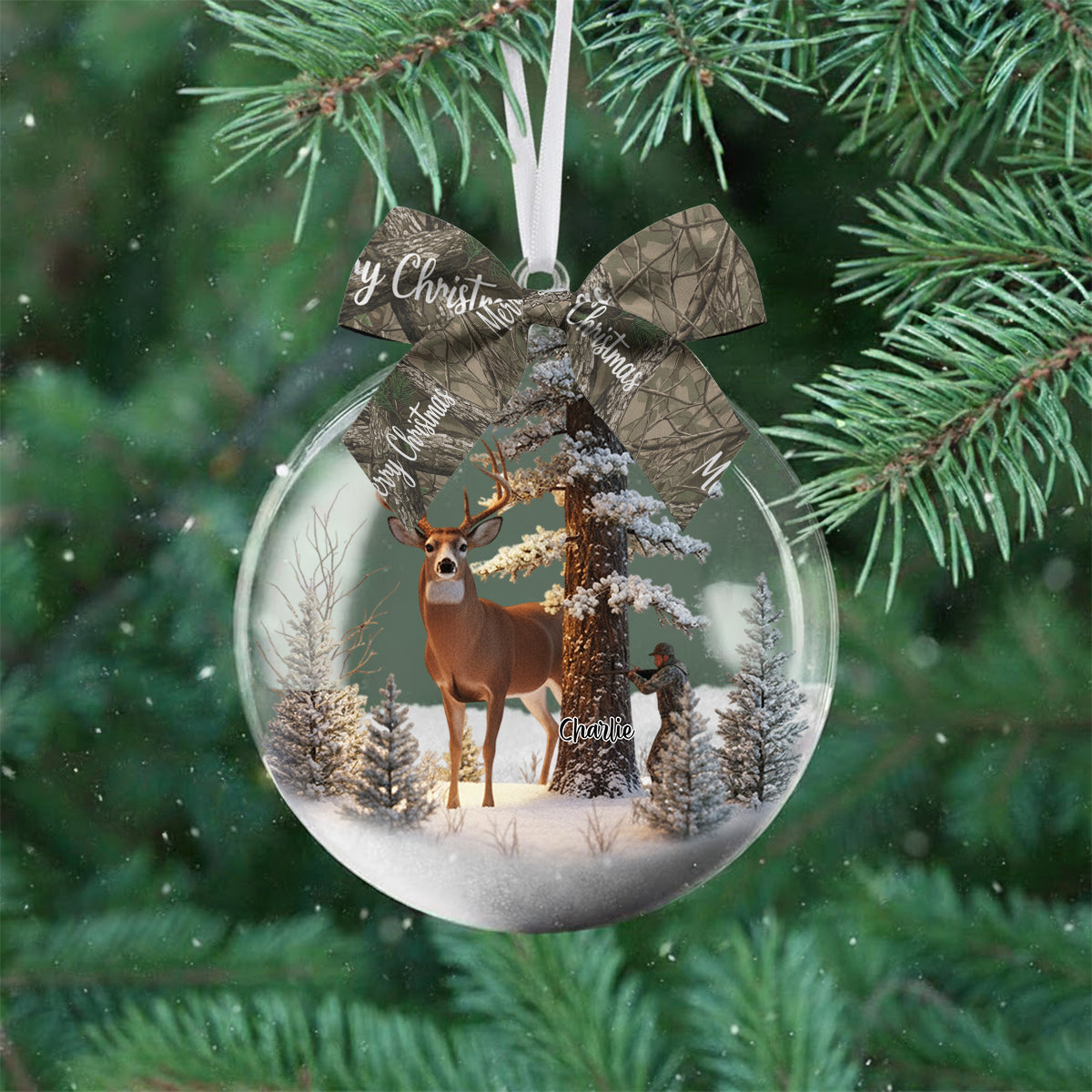 Weihnachtsgeschenk für Jäger – Personalisierte Schneekugel mit Bogen