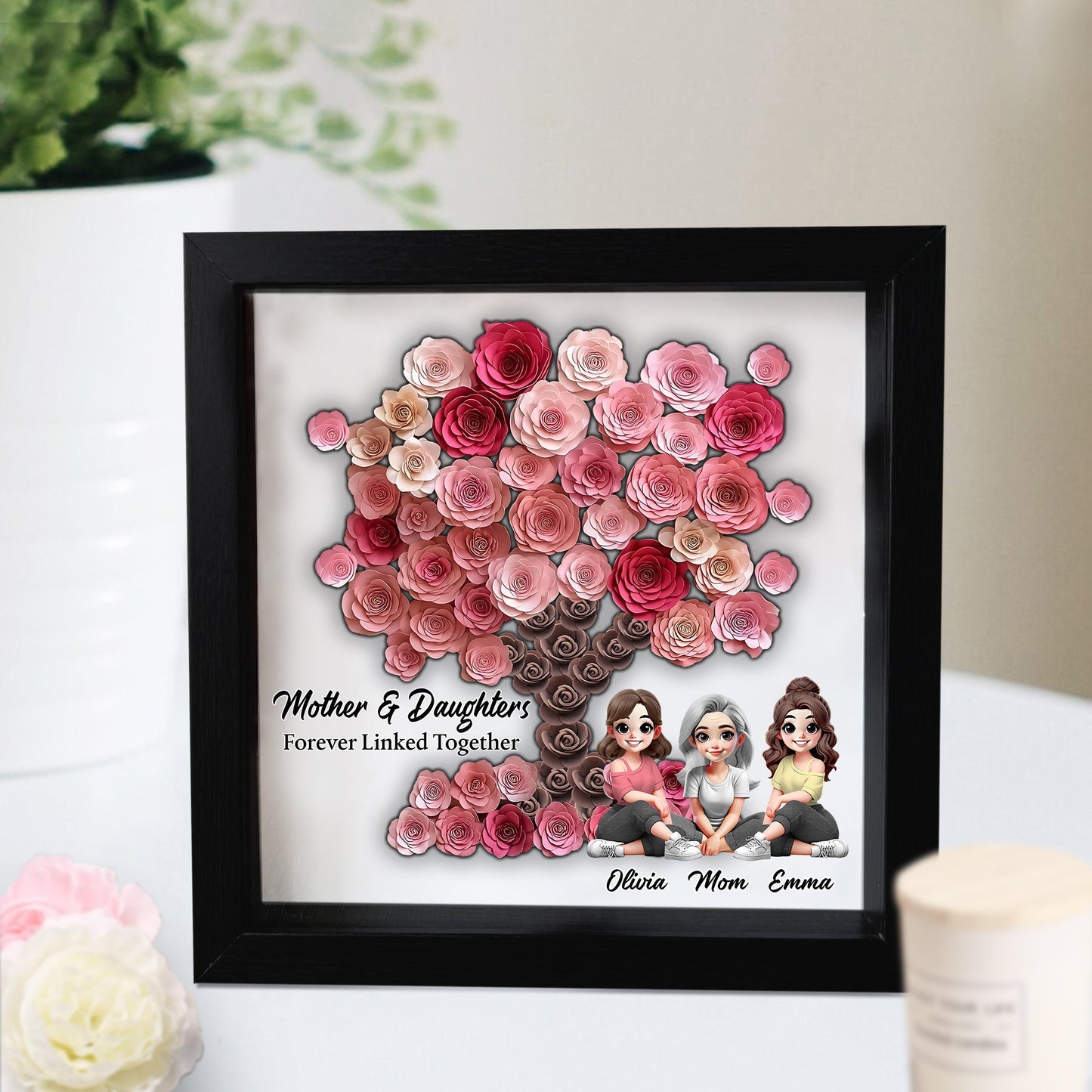 Mother and Daughter Forever Linked Together - Personalized Mother Custom Shaped Flower Shadow Box