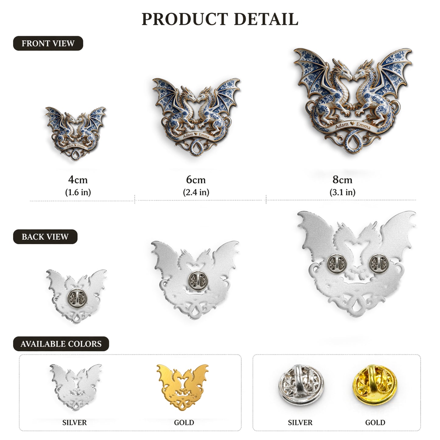 Blue & White Dragon Couple - Personalized Dragon 3D Embossed Enamel Pin