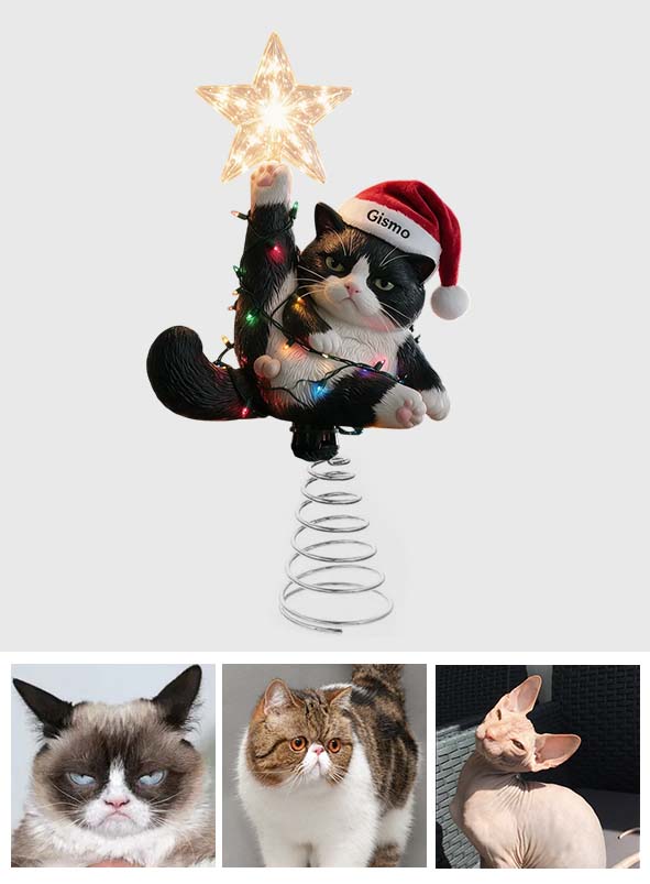 Christmas, Star & Balls - Personalized Cat LED Light Tree Topper