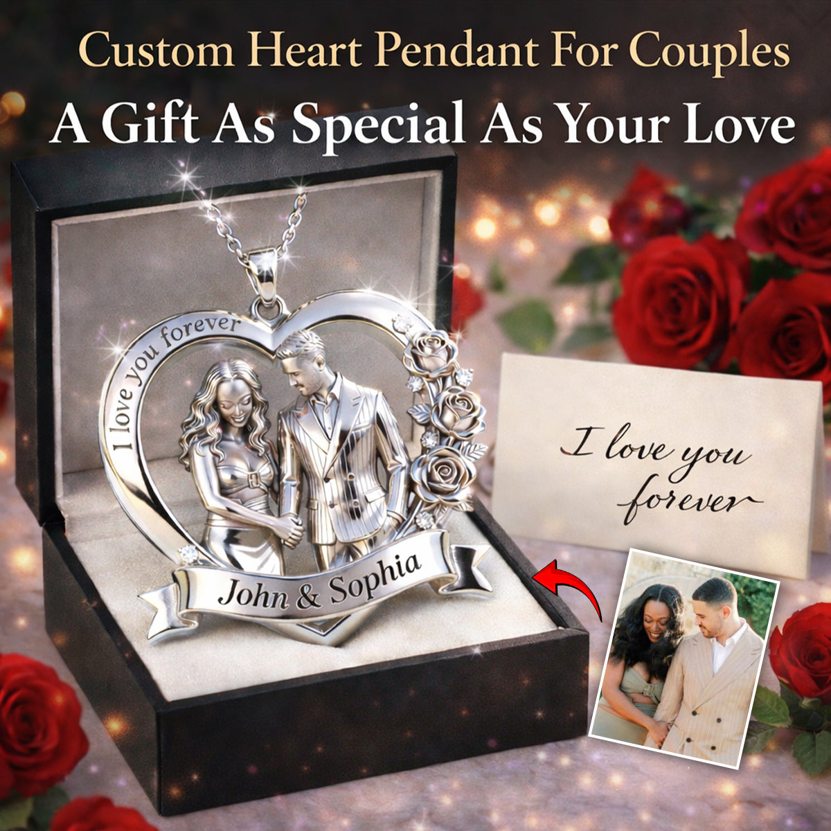 Couple Valentine Gift, I Love You Forever - Personalized Couple Shaped Metal Pendant Necklace