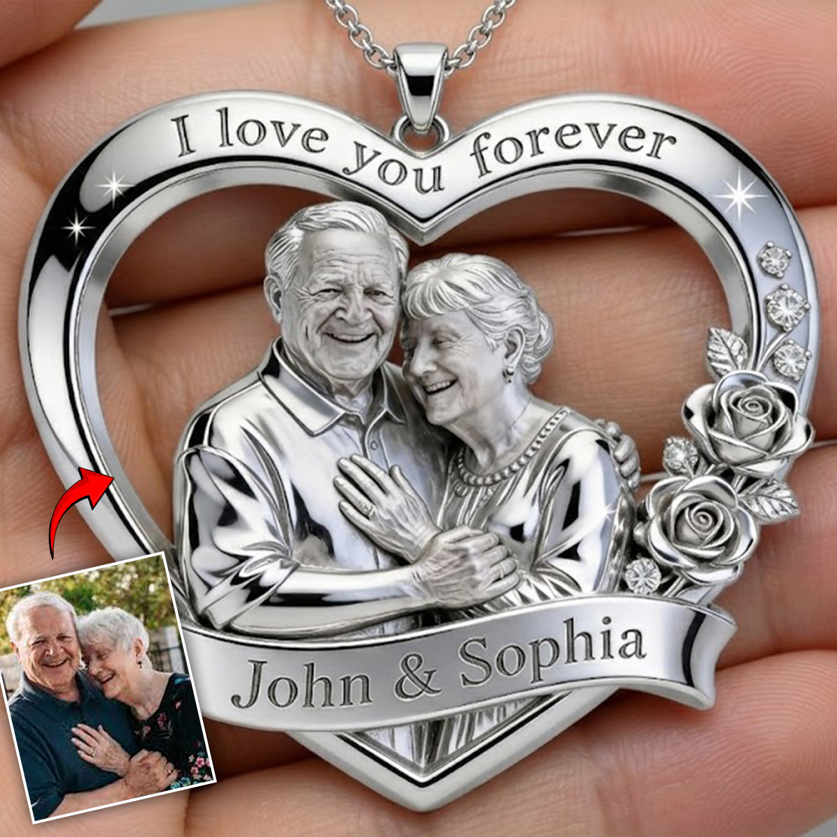 Couple Valentine Gift, I Love You Forever - Personalized Couple Shaped Metal Pendant Necklace