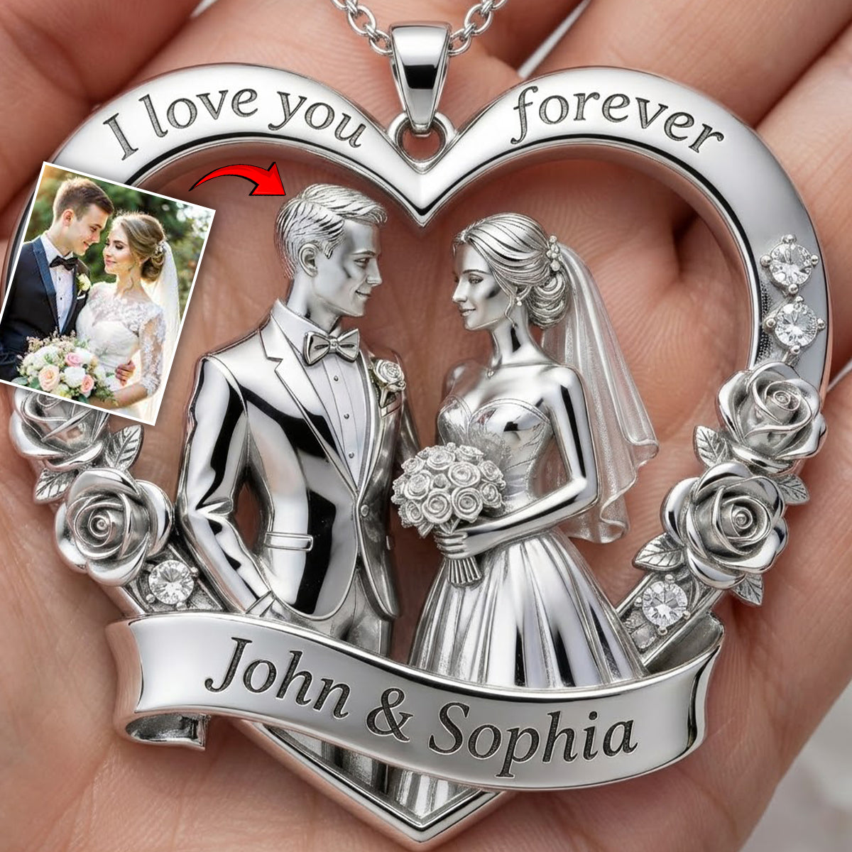 Couple Valentine Gift, I Love You Forever - Personalized Couple Shaped Metal Pendant Necklace