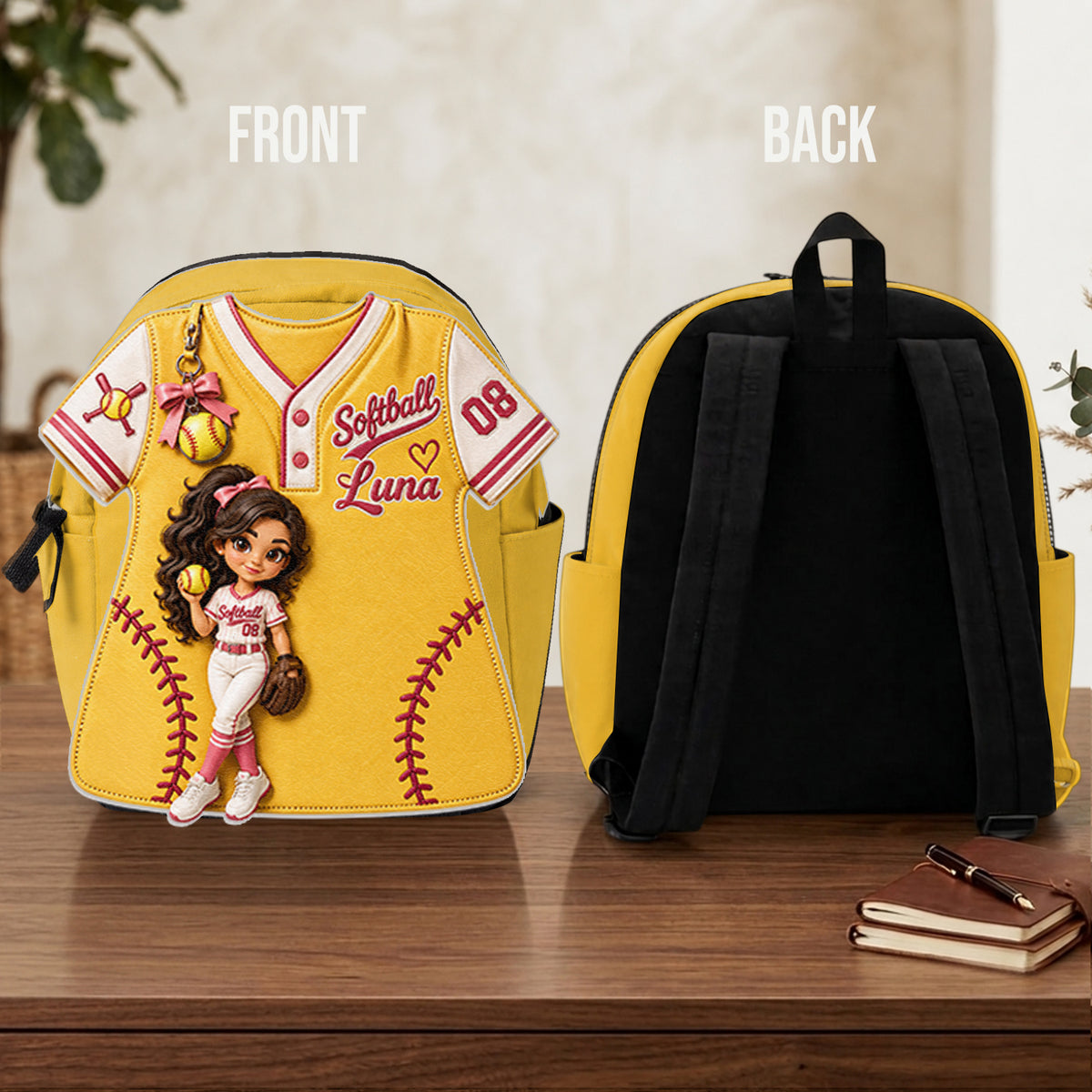 Custom Any Sport From Any Photo - Personalized Softball Changeable Leather Patch Backpack