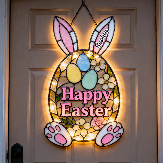 Panneau décoratif de porte Lapin de Pâques - Panneau lumineux LED personnalisé pour Pâques en acrylique