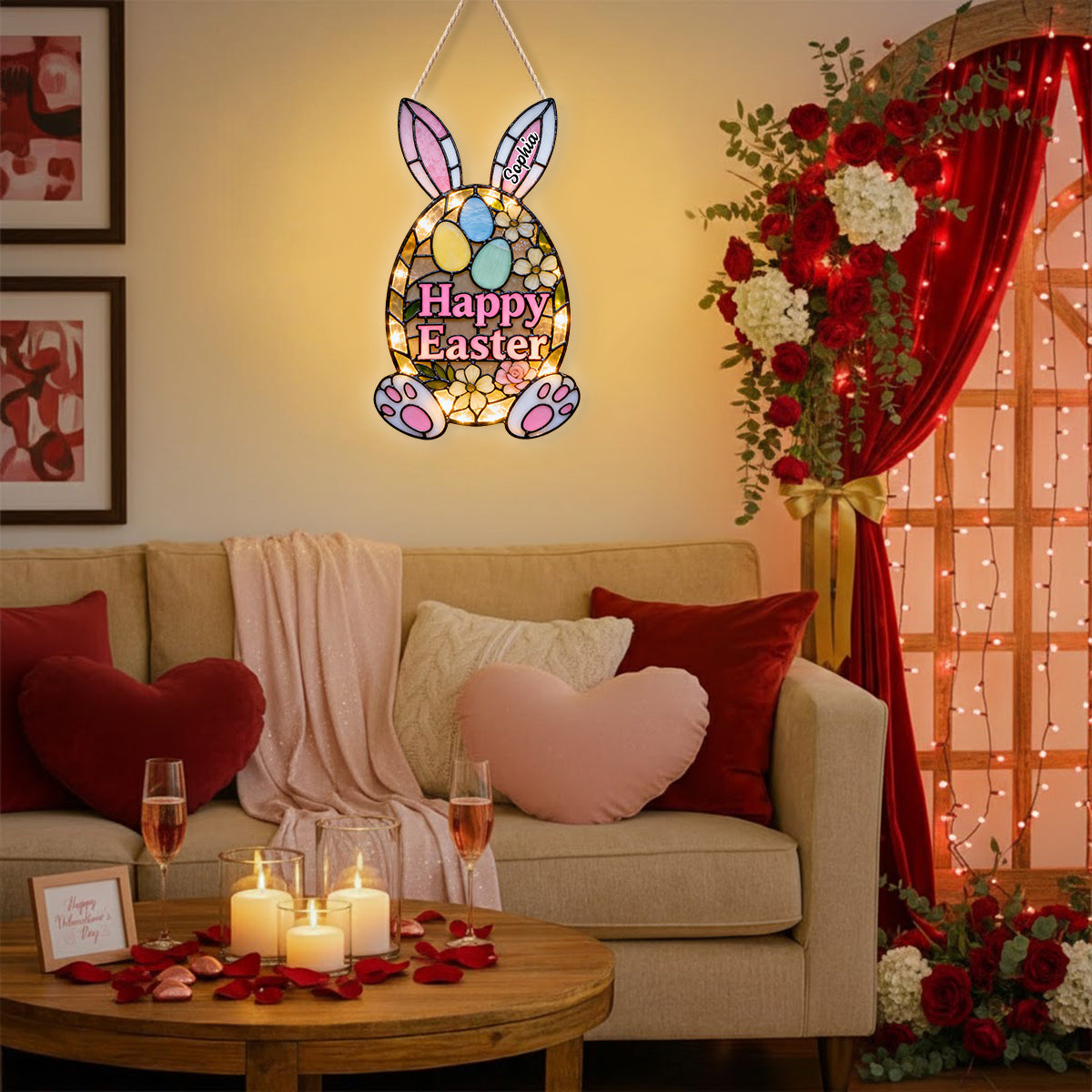 Panneau décoratif de porte Lapin de Pâques - Panneau lumineux LED personnalisé pour Pâques en acrylique