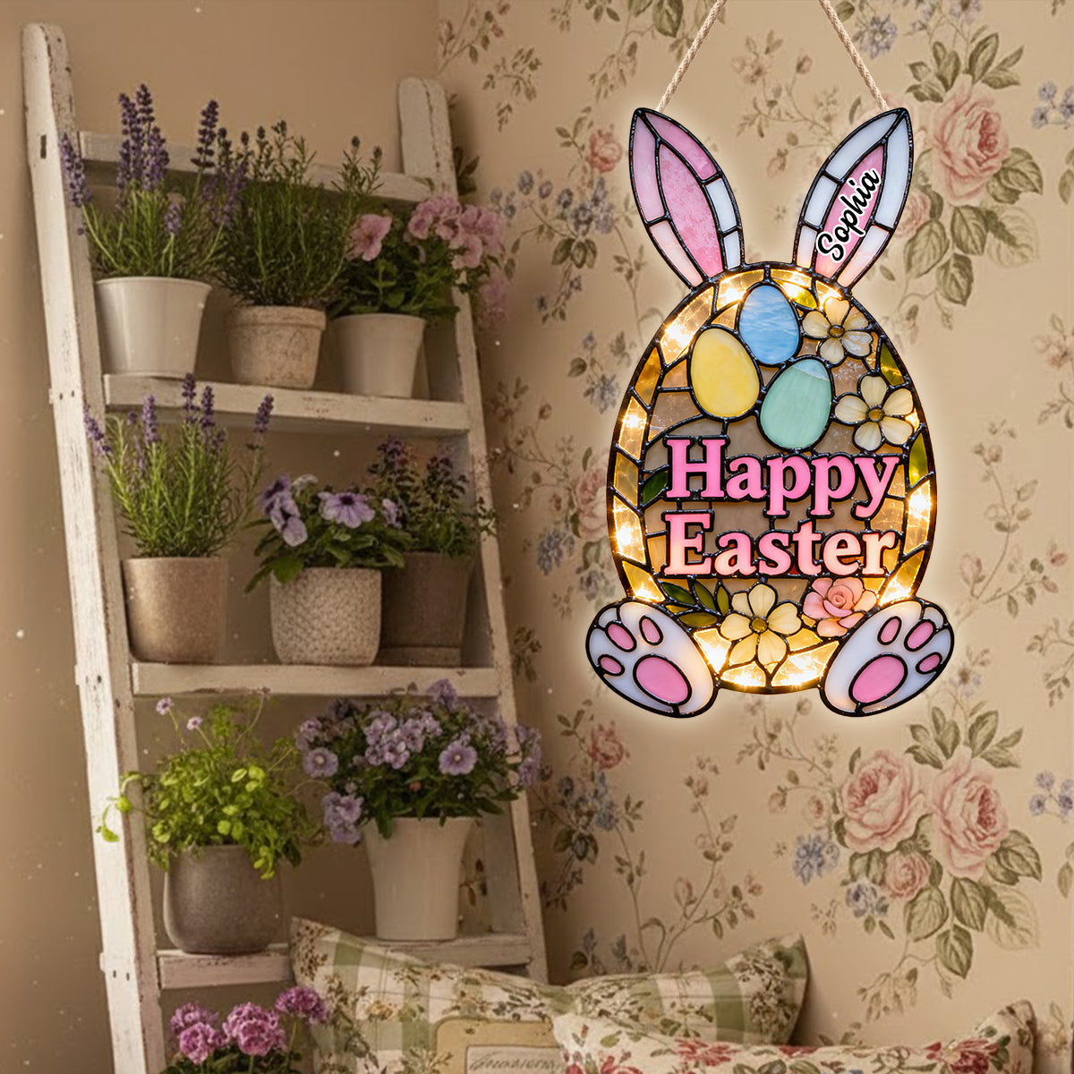 Panneau décoratif de porte Lapin de Pâques - Panneau lumineux LED personnalisé pour Pâques en acrylique