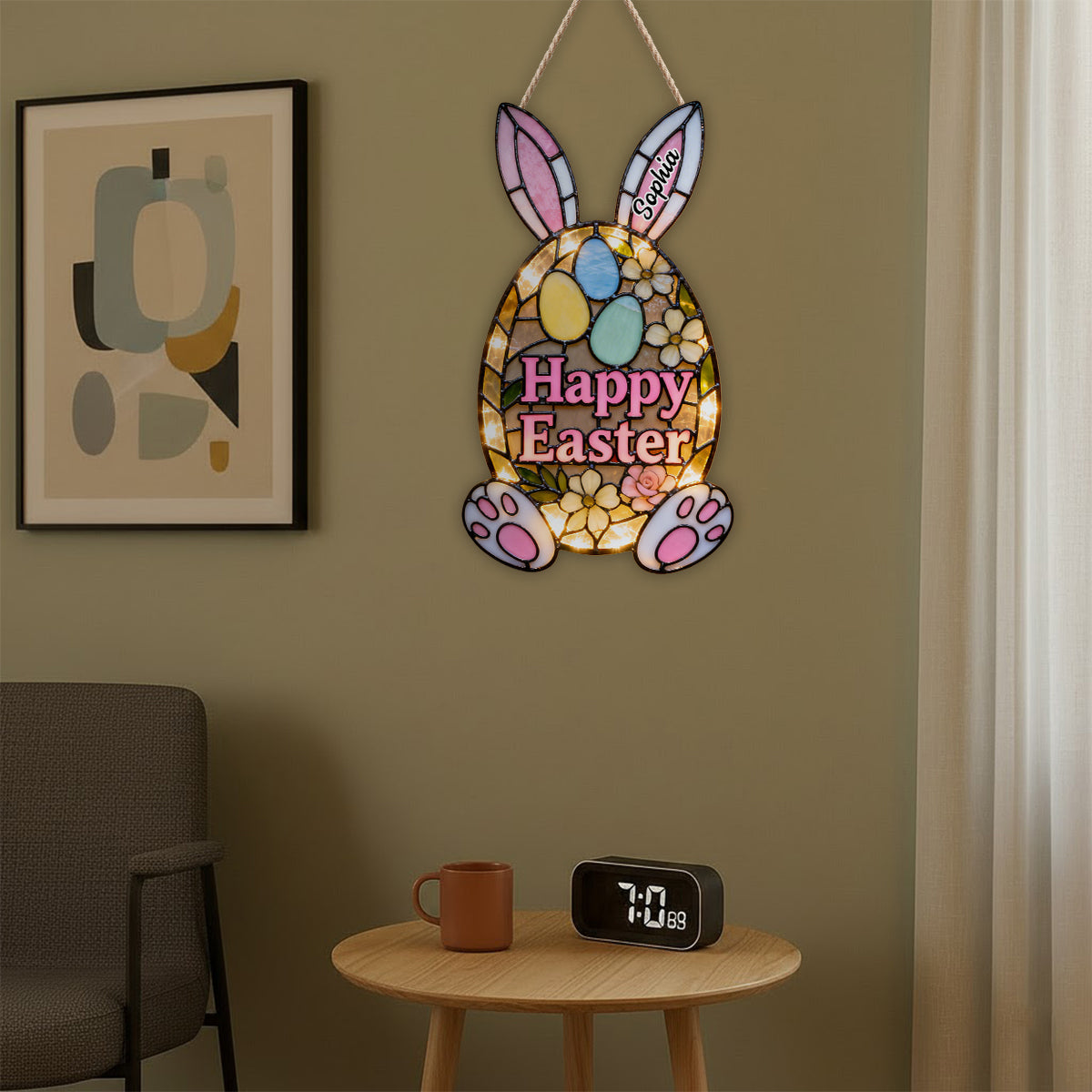 Panneau décoratif de porte Lapin de Pâques - Panneau lumineux LED personnalisé pour Pâques en acrylique