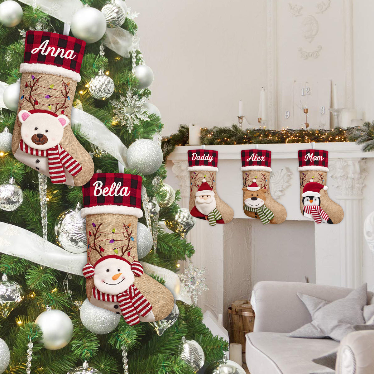 Holiday Vibes Santa Reindeer Elf Bear Snowman - Personalized Family Shaped Christmas Stocking