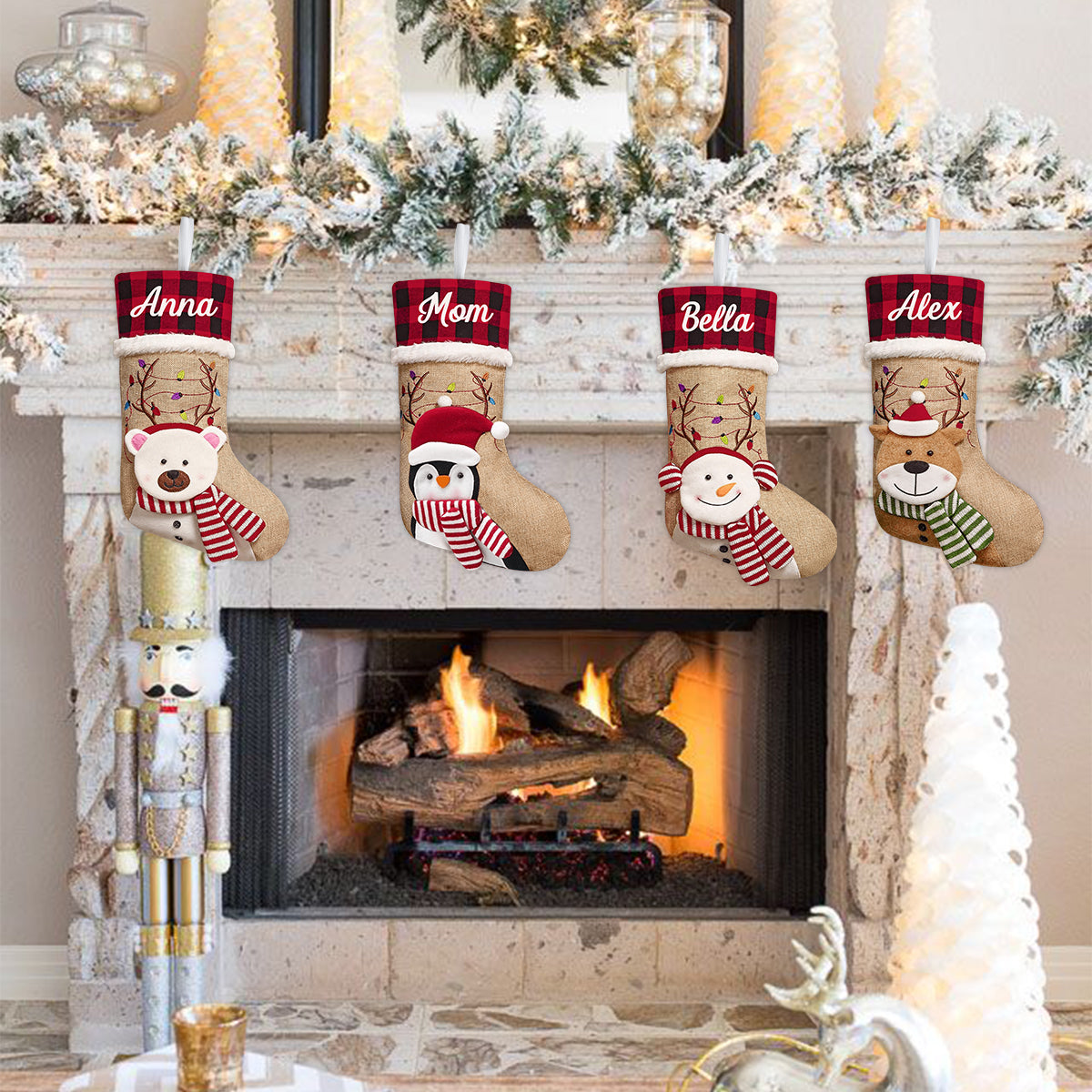 Holiday Vibes Santa Reindeer Elf Bear Snowman - Personalized Family Shaped Christmas Stocking