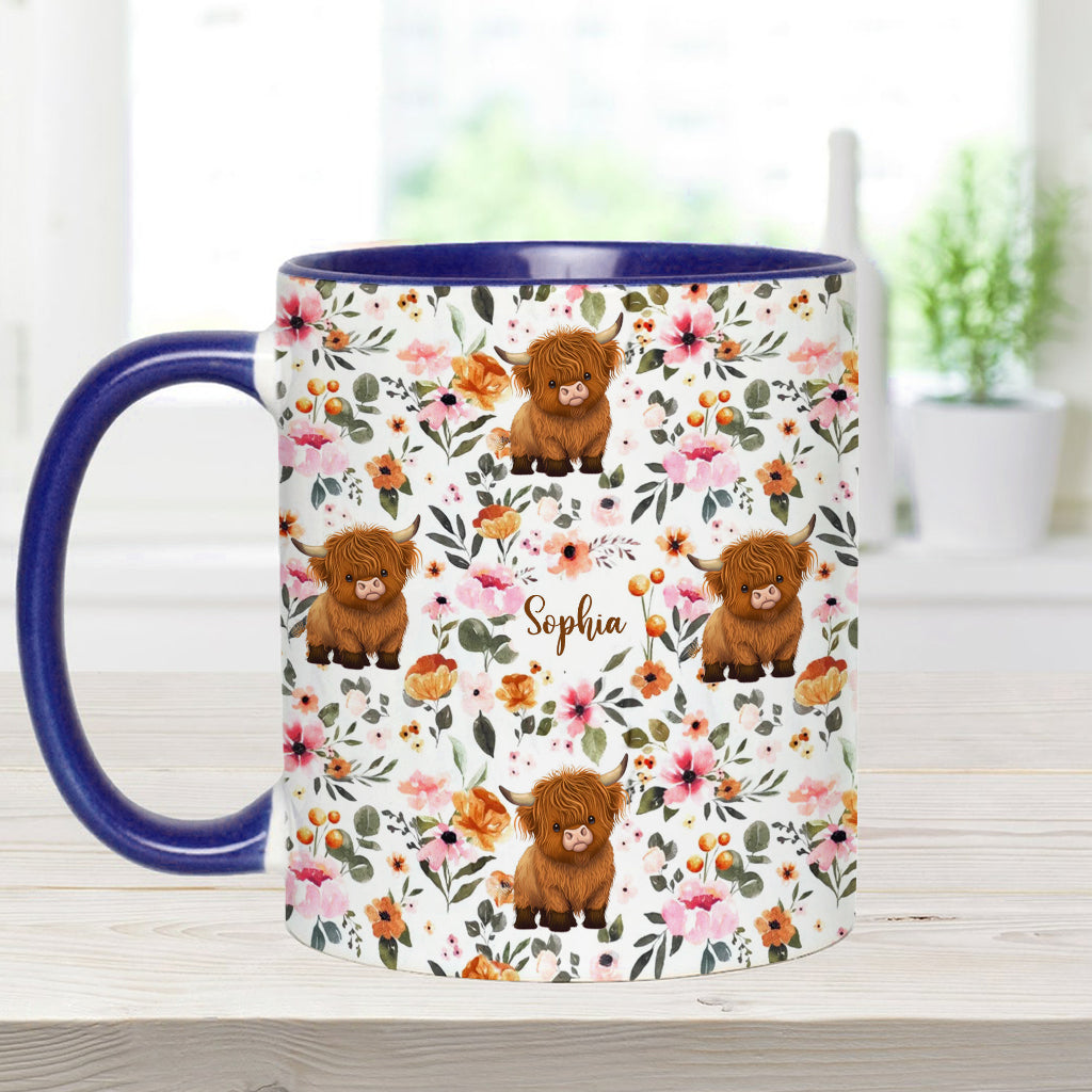 Floral Highland Cow - Personalized Highland Cow Accent Mug