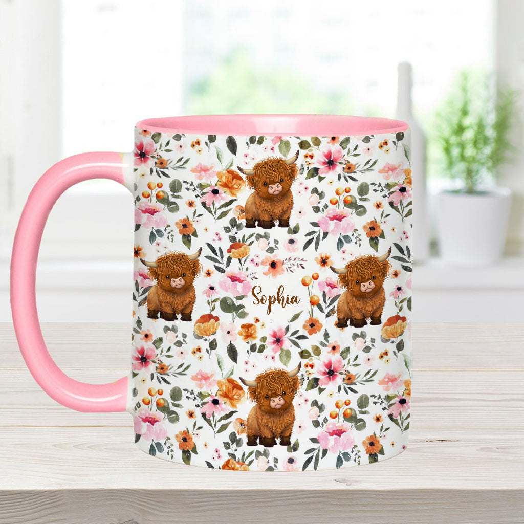 Floral Highland Cow - Personalized Highland Cow Accent Mug