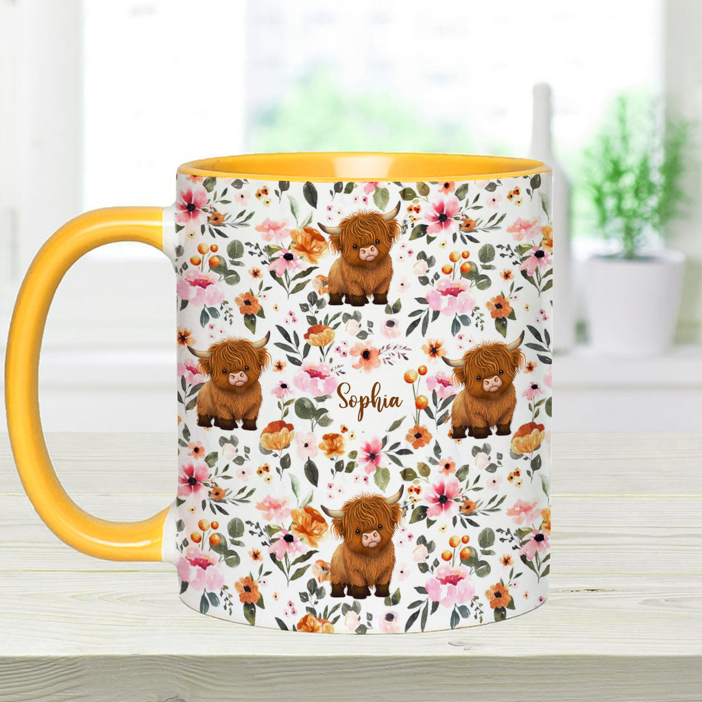 Floral Highland Cow - Personalized Highland Cow Accent Mug